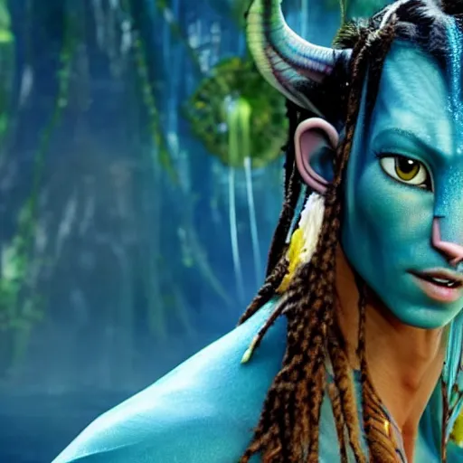 Prompt: stunning awe inspiring johnny depp as a navi from the movie avatar, movie still 8 k hdr atmospheric lighting