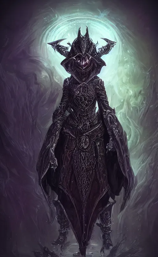 Image similar to character concept, beautiful warlock in armor, black hair, hooded cowl, intricate smooth patterns, cosmic armor, diablo splash art, cinematic lighting, hr giger style