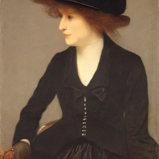 Image similar to portrait of a woman wearing a bowler hat, by berthold woltze.