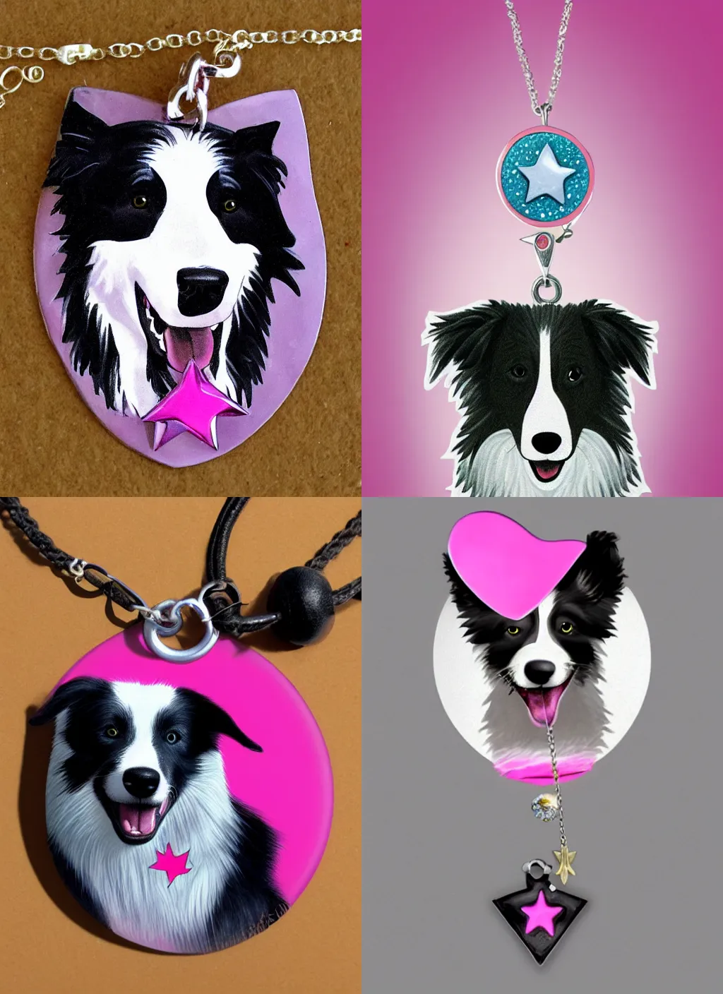 Prompt: a happy border collie dog with a pink star necklace, trending on artstation