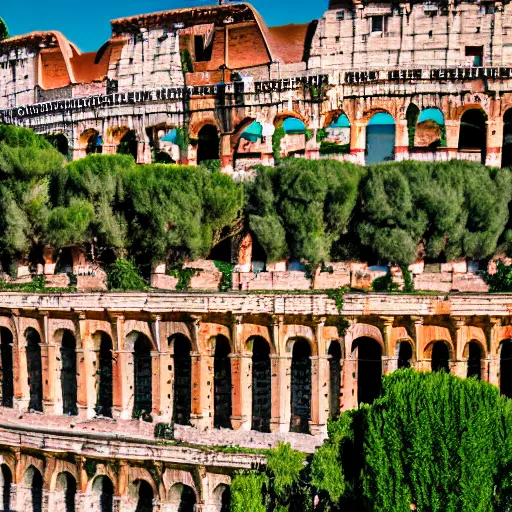 Image similar to a photo of the colosseum of Rome invaded by vegetation, even the surrounding areas of the city are invaded by trees and vegetation, everything seems abandoned.