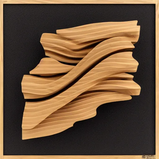 Image similar to abstract 3 d wooden sculpture wave twist, maple, oak, walnut, with gold accents detailed 4 k 3 d render