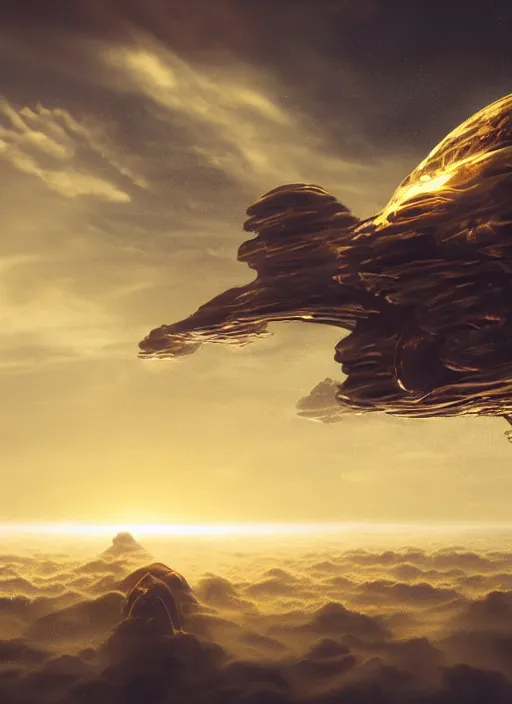 Image similar to large alien spaceship souring through clouds, detailed, high quality, ultra detail, top light, resources background, gold, sunny, puffy clouds, cinematic, concept art