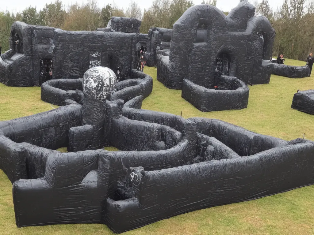 Image similar to huge black death metal bouncy castle, highly detailed photo