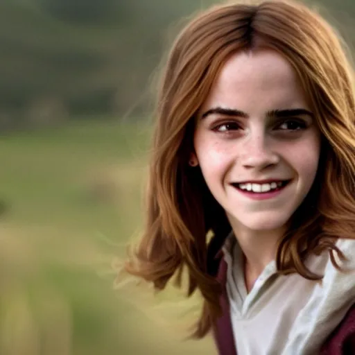 Image similar to Still of Emma Watson as Hermione Granger smiling. Prisoner of Azkaban. During golden hour. Extremely detailed. Beautiful. 4K. Award winning.