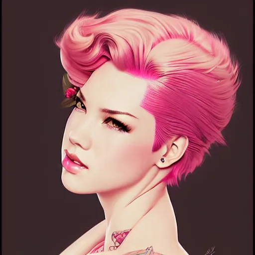 Image similar to head and shoulders portrait of VI of League of Legends, pink short hair, sidecut hairstyle, steampunk acessoires, illustration, medium shot, intricate, elegant, highly detailed, digital art, sharp lines, ffffound, art by gil elvgren and sachin teng