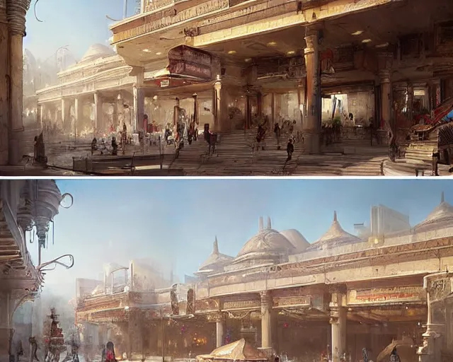 Image similar to a mall in the style of ancient babylon, art by greg rutkowski and artgerma, stunning concept art, interior design architecture