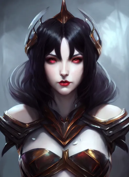 Image similar to full plate armor!!! beautiful and elegant dark hair female vampire!! gorgeous ayes!! character concept art, sharp focus, octane render! unreal engine 5! highly rendered!! trending on artstation!! detailed linework!! illustration by artgerm, wlop, and chie yoshii