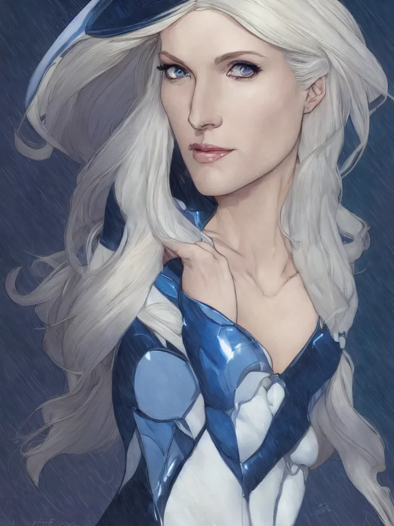 Prompt: portrait of emma frost, a beautiful woman in her 3 0 s with white blonde hair and blue eyes, dressed in a fashionable white suit, detailed face, delicate features, smooth, sharp focus, graphic novel, art by artgerm and greg rutkowski and alphonse mucha,