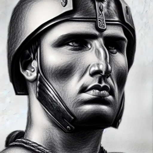 Image similar to portrait of roman legionary, tom finland, bouguereau, pencil drawing