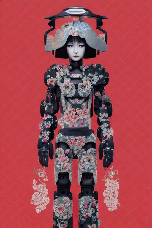 Prompt: full body portrait of a generative design exoskeleton Japanese robot geisha with kanji tattoos and decals wearing a digital pixelated kimono, intricate design, photorealistic, octane render, raytraced, ultra fine detailed, character design, trending on artstation