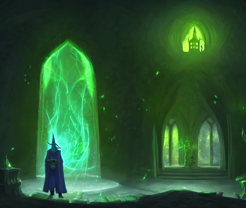 Prompt: a concept art of a wizard in his castle discovering a magic scroll that gives eternal life, atmospheric magic dark scene with green fires in the lights, a big door in the background