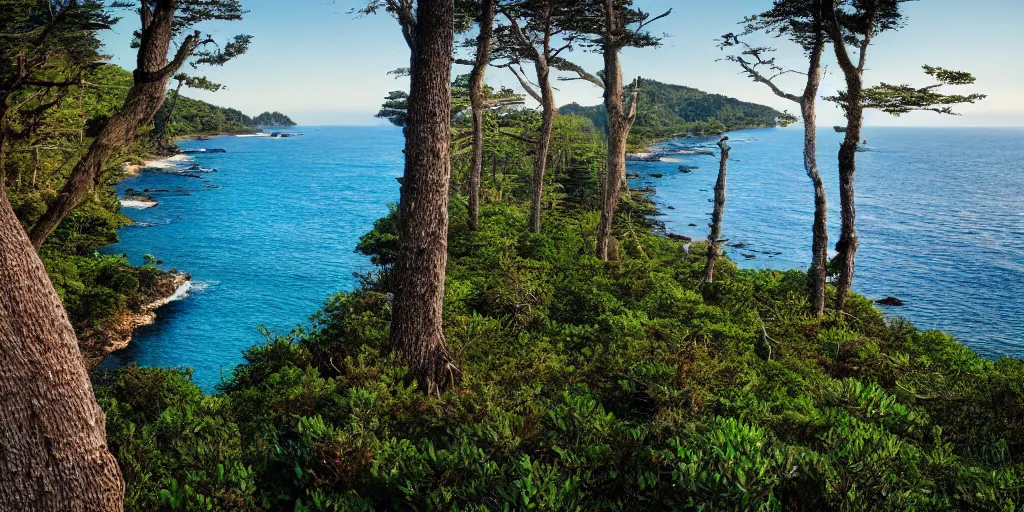 Prompt: National Geographic photograph of a forested coastline. Ocean in the foreground. Realistic.