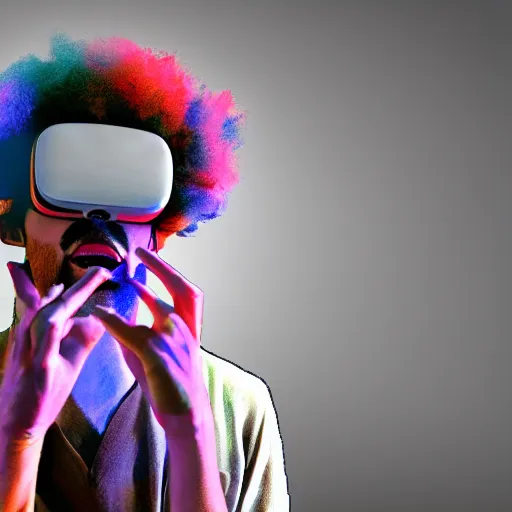 Prompt: hyperreality clown becoming enlightened while wearing a virtual reality headset