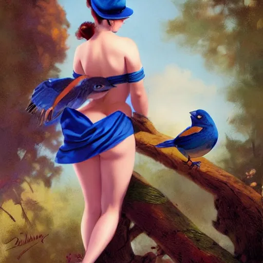 Image similar to pinup girl holding an indigo bunting, bird, the bird is wearing a bowtie, by greg rutkowski, rossdraws, gil elvgren, enoch bolles, anime, porcelain skin, very coherent