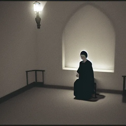 Image similar to Rosaria_(genshin_Impact) Sitting in a Church at night