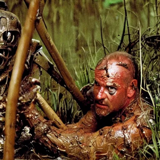 Image similar to film still of bill goldberg as major dutch, covered in mud and hiding from the predator predator predator in swamp scene in 1 9 8 7 movie predator, hd, 4 k