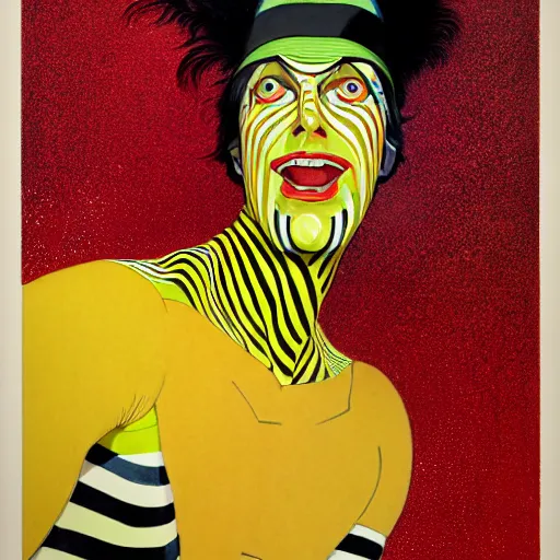 Image similar to art by joshua middleton, a close up portrait of the golden creeper, a tall manically smiling yellow - skinned man with green and black striped cycling shorts and wearing a long red and black striped ostrich feather boa, yellow makeup, mucha, kandinsky, poster, art deco motifs, comic art, stylised design, scarlet feather boa