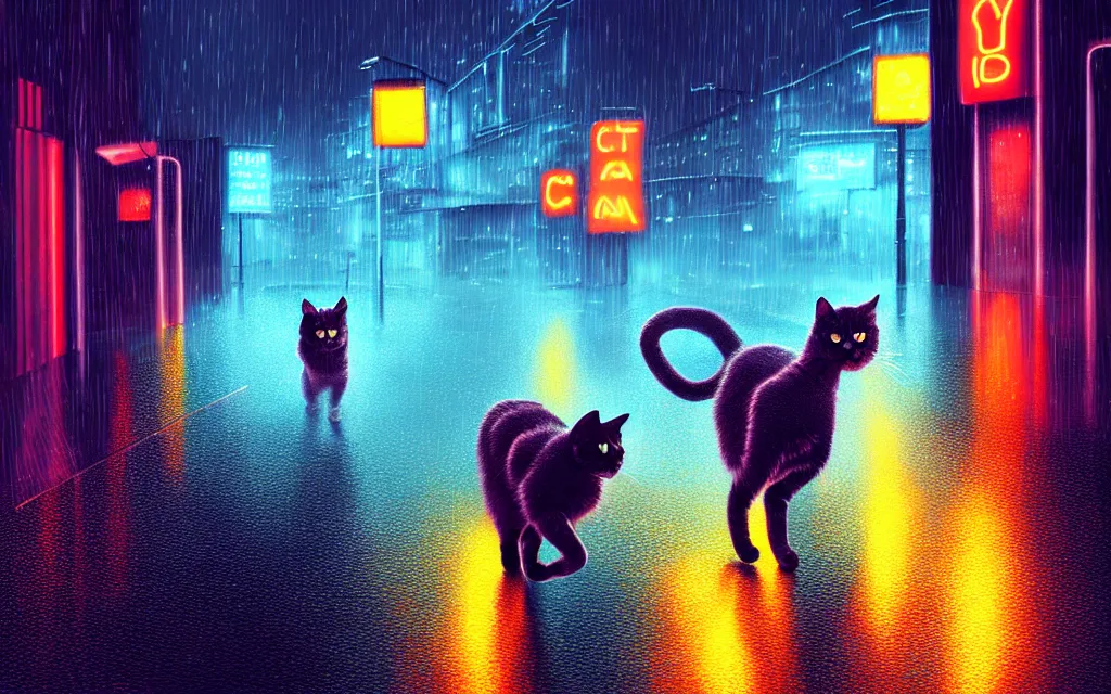 Image similar to cat running through heavy rain in a neon lit street at night by wlop, ultra detailed color art, high detail, digital art