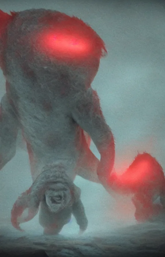 Prompt: very low - resolution found footage of a kaiju monster, fog, foggy, video compression, red hue, thriller, underdeveloped, flare, epic, dramatic