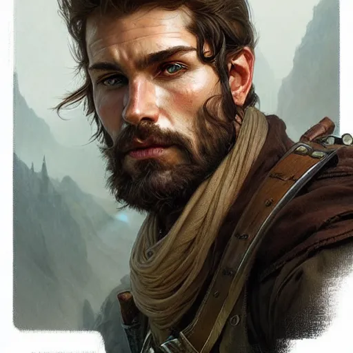 Image similar to Portrait of rugged male ranger, D&D, amber eyes, face, long hair, muscular, fantasy, intricate, elegant, highly detailed, digital painting, artstation, concept art, smooth, sharp focus, illustration, art by artgerm and greg rutkowski and alphonse mucha