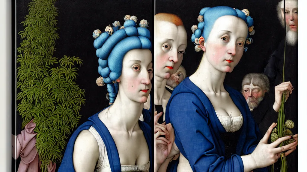 Image similar to portrait of a woman with blue hair buns, wearing a black suit, walking in a crowded street, full of plants and people, intricate details, high detail, in the style of rogier van der weyden and jacopo da pontormo, punk, masterpiece