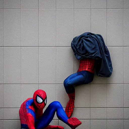 Prompt: fine art photography : spiderman caught homeless
