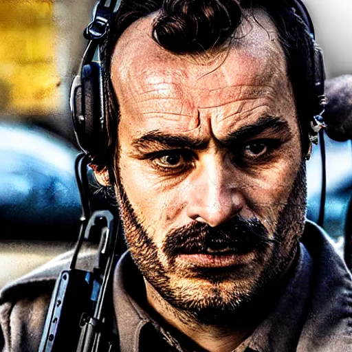 Image similar to close-up of a Kurdish detective in a movie directed by Christopher Nolan, movie still frame, promotional image, imax 70 mm footage