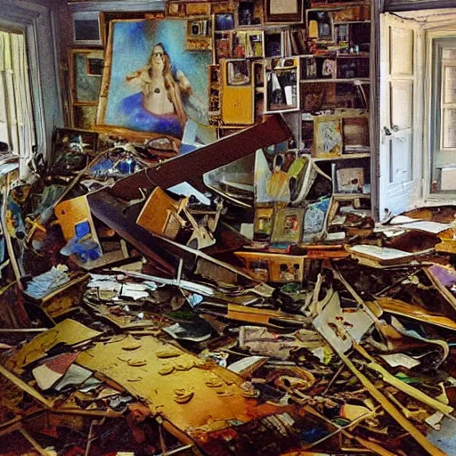 Image similar to nanopunk by viktor vasnetsov, by anne mccaffrey dignified. a performance art of a room that is wrecked, furniture overturned, belongings strewn about, & debris everywhere. the only thing left intact is a photograph on the wall shows a tidy, well - appointed space, with everything in its place.