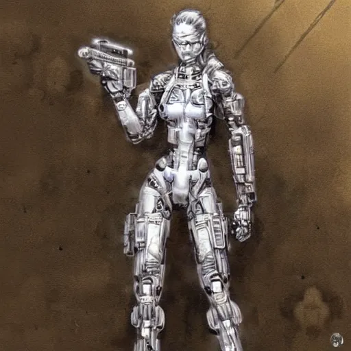 Image similar to cybernetic female supersoldier armed with laser rifle, intricate detail, royo, whealan,