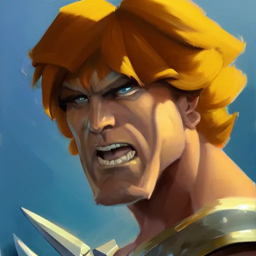 Image similar to greg manchess portrait painting of gorgeous he - man the master of the universe as overwatch character, medium shot, asymmetrical, profile picture, organic painting, sunny day, matte painting, bold shapes, hard edges, street art, trending on artstation, by huang guangjian, gil elvgren, ruan jia, greg rutkowski, gaston bussiere