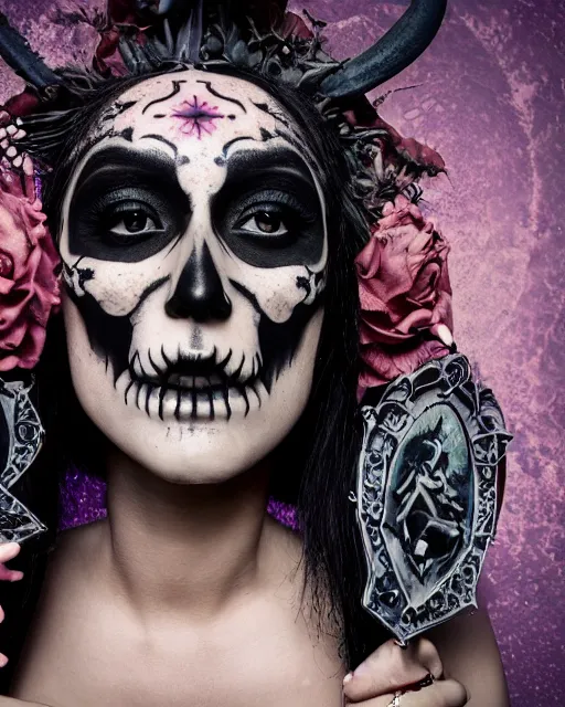 Prompt: photorealistic head and shoulders photo of beautiful female ornate fantasy Witch goddess, confident, minimal black skull warpaint, tattoos, Neil Blevins, James Paick, Natasha Tan Maciej Kuciara, Frank frazetta, arney freytag, Ritu Kumar, Sabyasachi Mukherjee, Magic the gathering,octane, bokeh, 8k, fashion pose, cinematic, 28mm