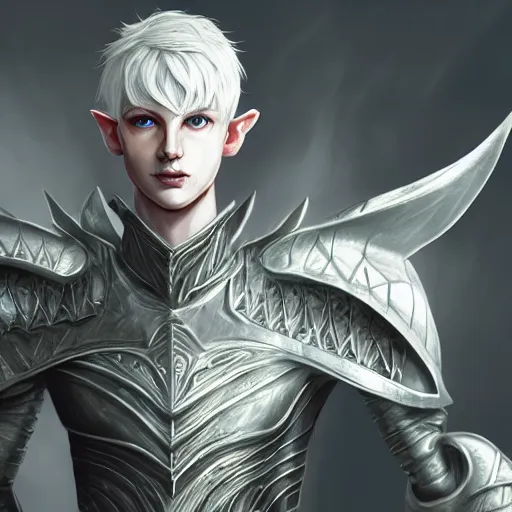 Prompt: handsome male snow elf in silver ornate armour, albino skin, elden ring, realistic, dnd character portrait, full body, dnd, rpg, lotr game design fanart by concept art, behance hd, artstation, deviantart, global illumination radiating a glowing aura global illumination ray tracing hdr render in unreal engine 5