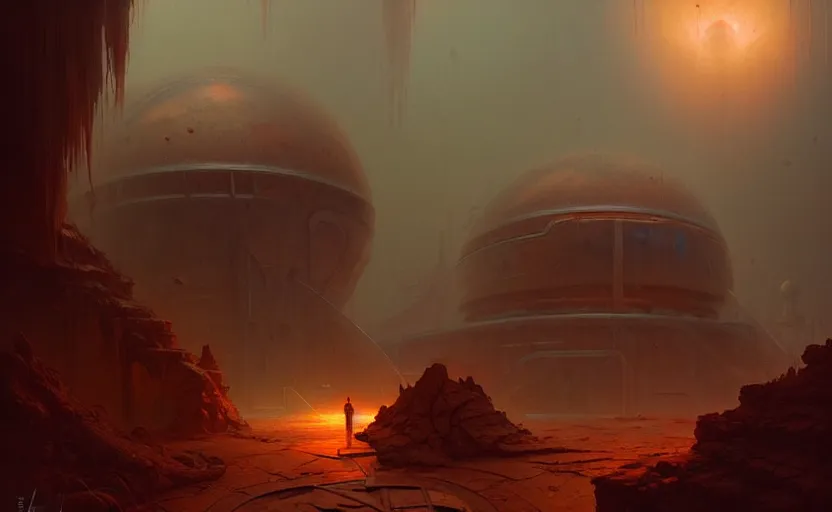 Prompt: abandoned mars biodome, horror sccene, by Greg Rutkowski and Gaston Bussiere, dim lighting, beautiful volumetric-lighting-style atmosphere, futuristic atmosphere, intricate, detailed, photorealistic imagery, artstation, by Evgeny Lushpin