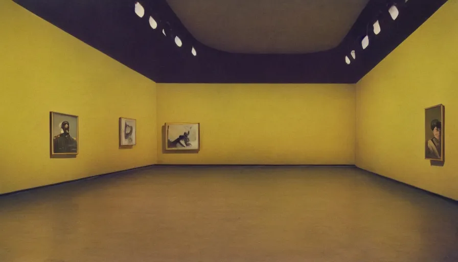 Prompt: 60s movie still of a sovietic stalinist style empty art museum with a soviet congress with yellow wall, eastmancolor, liminal Space style, heavy grain