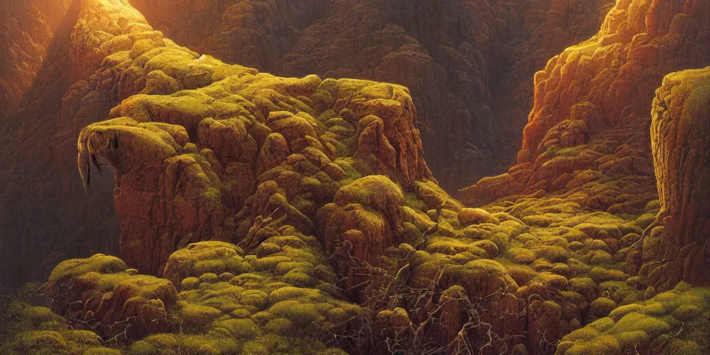 Image similar to american west mountains and forests, fluid, smooth, bright colours, high contrast, sharpness, beautiful, peaceful, very detailed, intricate, volumetric lighting, by giger and corben and moebius and beksinski and bosch and bacon