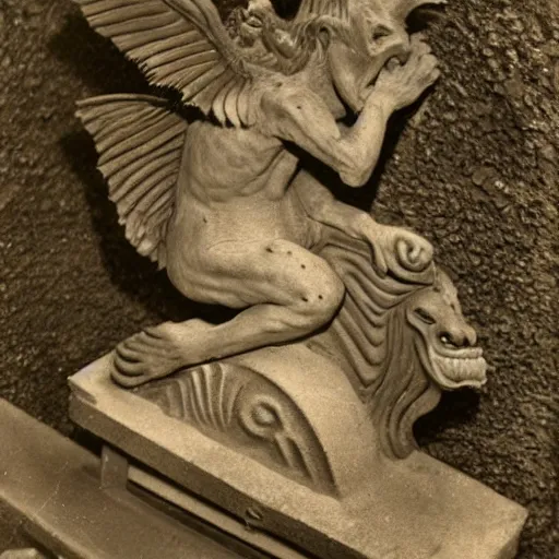 Image similar to antique photo of a creature busting out of a stone gargoyle, highly detailed, cfg = 1 5