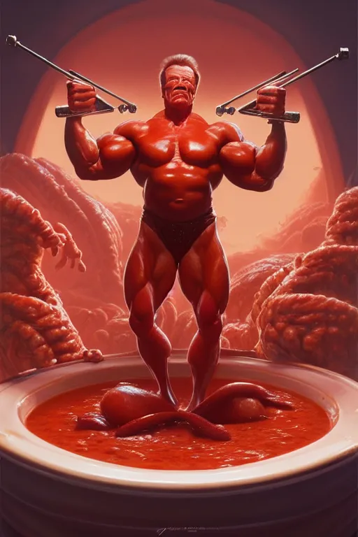 Image similar to arnold schwarzenegger in a tomato soup, hyper detailed, digital art, artstation, cinematic lighting, studio quality, smooth render, by peter mohrbacher, hajime sorayama, wayne barlowe, boris vallejo, aaron horkey, gaston bussiere, craig mullins