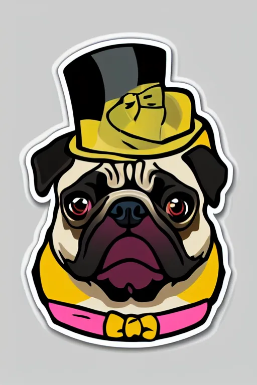 Image similar to A portrait of a pug wearing a top hat, sticker, colorful, illustration, highly detailed, smooth and clean vector curves, no jagged lines, vector art, smooth