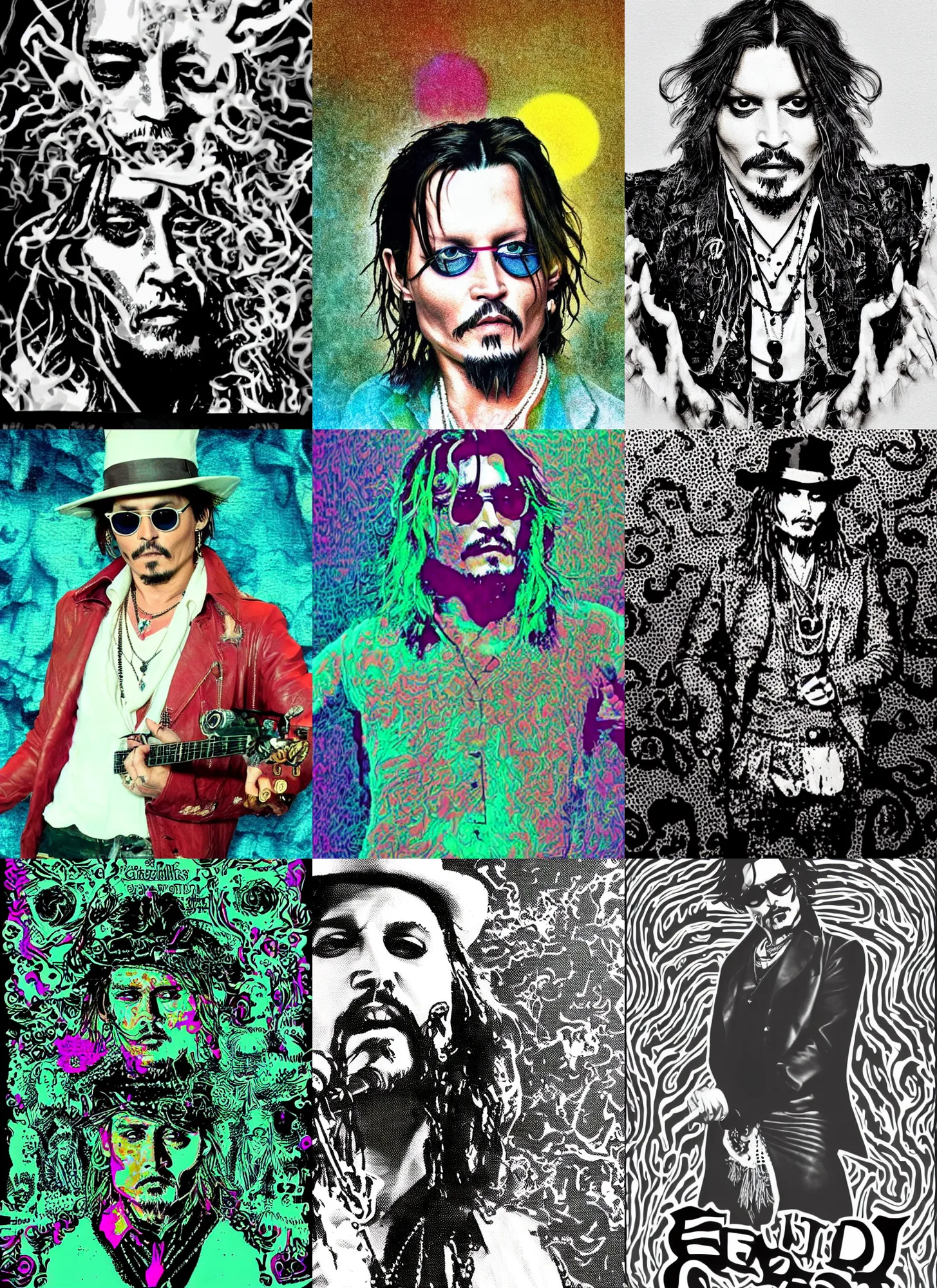 Prompt: dithered, Johnny Depp grooving, swirling LSD