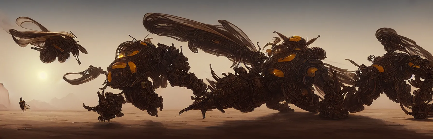 Image similar to desert feather mechanical bumble bee, unreal engine, Greg Rutkowski, James Gurney, artstation