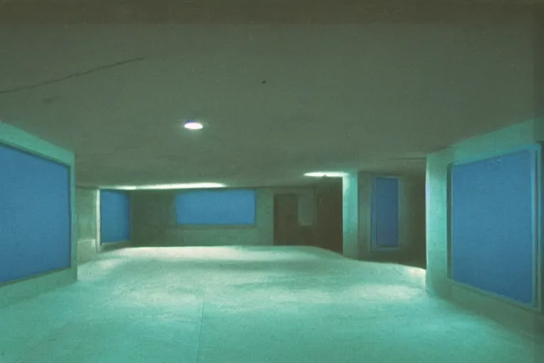 Prompt: 1 9 7 0 s found footage of an underwater space made up of a non - euclidean swimming pool hallways with many entries and exits, neon color bleed, ektachrome photograph, volumetric lighting, f 8 aperture, cinematic eastman 5 3 8 4 film