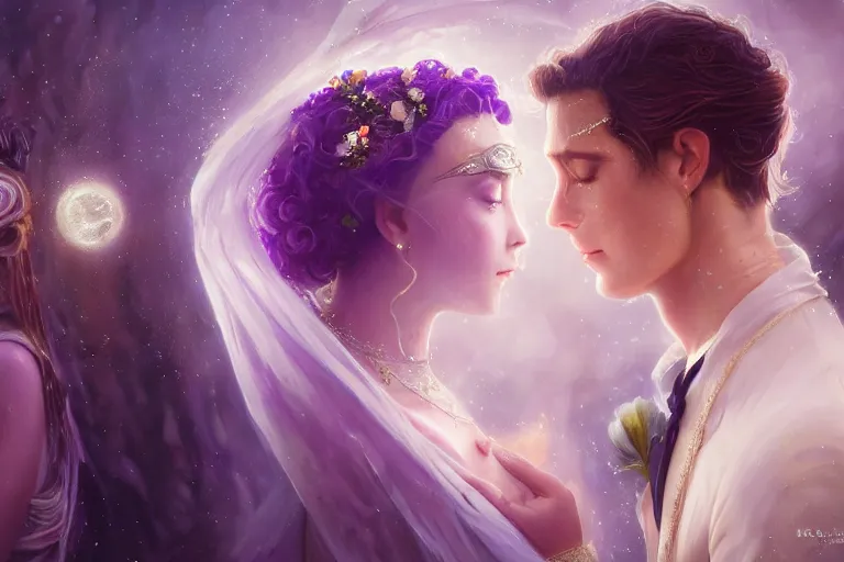 Image similar to a dreamlike cinematic portrait of wedding photograph close up moment of a divine a russia sun god and moon goddess lovers magician at a wedding banquet. portraiture. digital painting. artstation. concept art. fantasy wedding photo. digital painting, 8 k realistic, hyper detailed, violet evergarden art masterpiece by art by krenz cushart