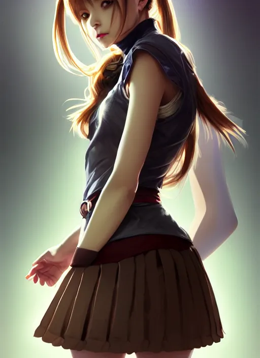 Image similar to portrait of a full body of beautiful young female detective, d & d, sleeveless turtleneck, pleated skirt, fantasy, flat lighting, intricate, highly detailed, digital painting, artstation, concept art, smooth, sharp focus, illustration, misa amane, art by simon bisley and greg rutkowski and alphonse mucha, natural tpose