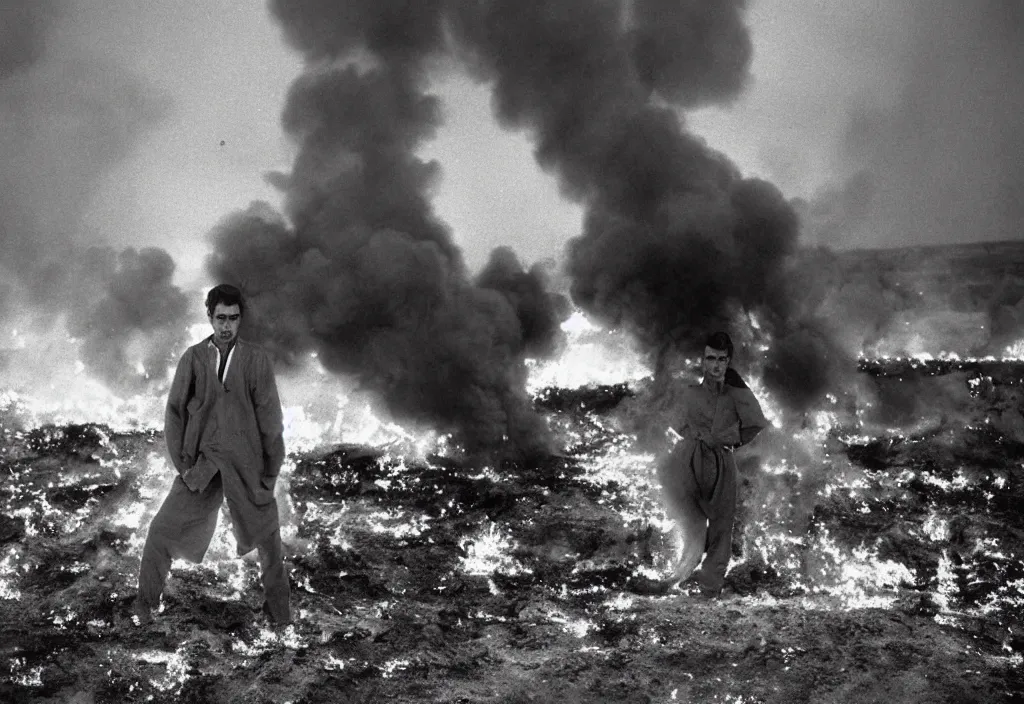 Image similar to portrait photograph fashion in Kuwait oil fields fire burning. 1991.