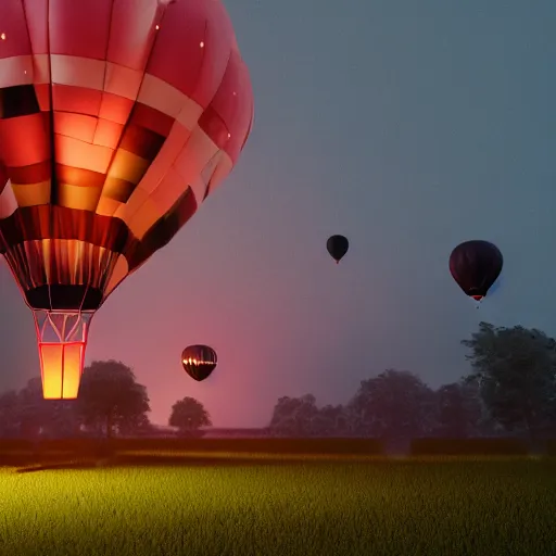 Image similar to a foating house in mid air held by ballons, dept of field, cinematic, volumetric lightening, octane render