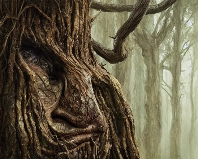 Prompt: a talking tree, a face in the bark, nose made of wood, mouth in the bark, eyes in the bark, fantasy concept art, digital oil painting, hyperrealistic, treebeard, ent, magical, highly detailed, artstation, cgsociety, in the forest, by alan lee, by artgerm