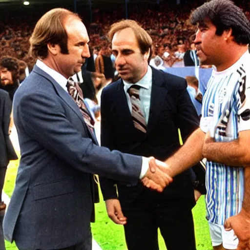 Prompt: Saul Goodman shaking hands with Diego maradona