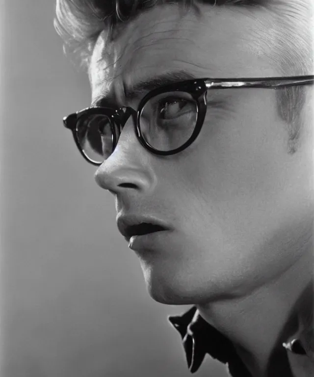 Image similar to a color photograph of james dean, by thomas ruff, platinum blond, intense, bold, exaggerated, overblown, ultra sharp, extra details, ultra high quality, trending on pinteresst