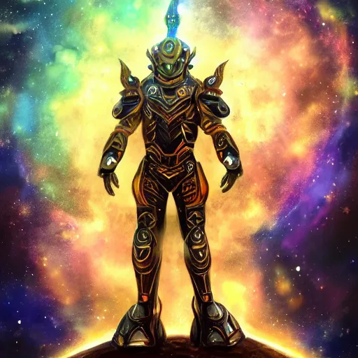 Image similar to photorealistic fantasy cosmic concept art of a cosmic god with armor made out of planets and dark matter, hovering in a unknown galaxy, fully body portrait, cinematic, dynamic lighting, ultra detailed, creative, trending on art station, stunning visuals, creative